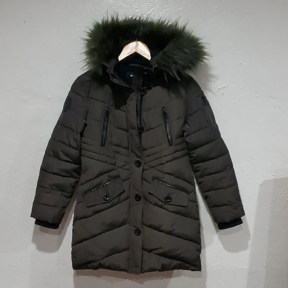 Diesel Olive Green Puffer Parka Jacket with Faux Fur Hood Kids Size 12